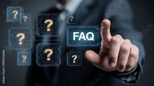 A businessman in a suit interacts with digital FAQ interface
