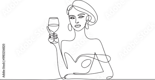 Elegant woman with wine glass in minimalist line art style, celebrating sophisticated lifestyle