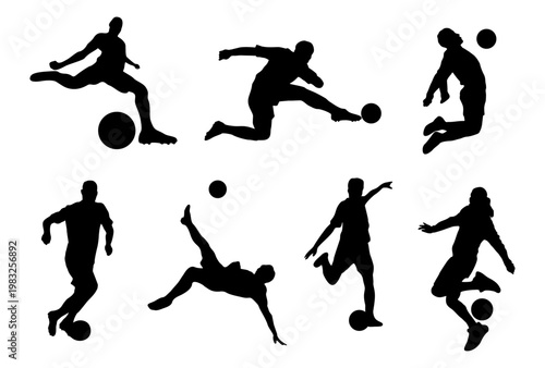 Silhouettes show soccer players in motion. Each figure captures a unique athletic moment. Dribbling, jumping, and kicking define their action. Dynamic poses suggest speed and intensity