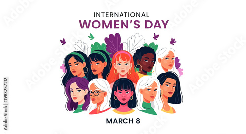 Diverse women faces International Womens Day.