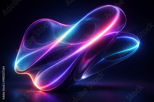 Vibrant neon light trails forming fluid abstract shapes, colorful glowing energy lines on dark background, futuristic technology concept, ideal for digital art, music and creative industries.