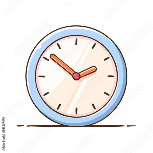 Illustrated analog clock with light blue frame and orange hands indicating the time