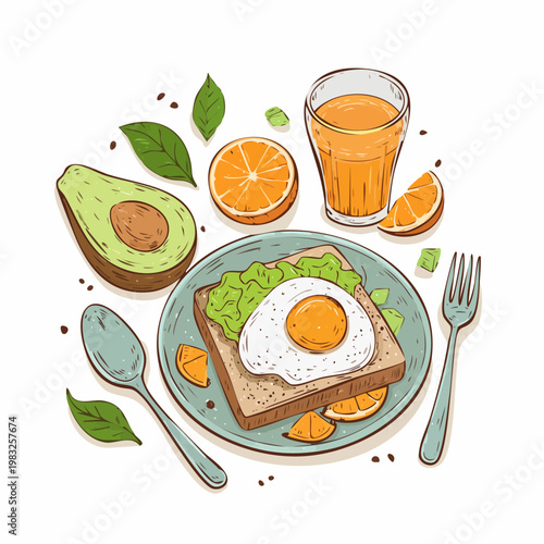 Delicious breakfast plate with avocado toast and fresh orange juice video