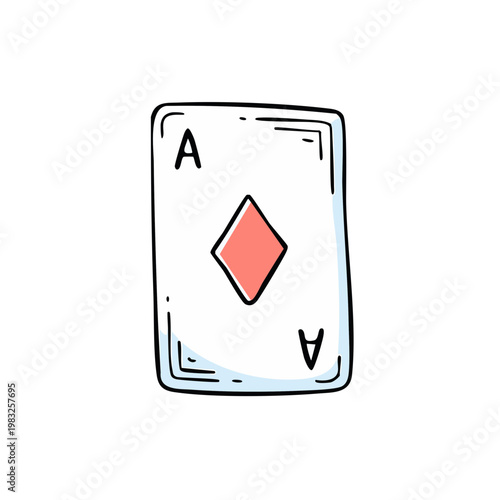 Hand drawn ace of diamonds playing card with outline and simple shading