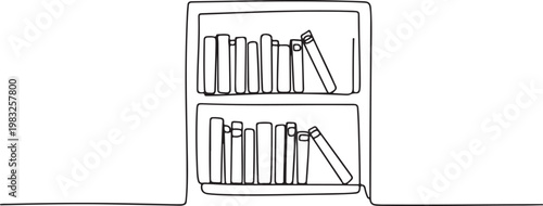 Abstract continuous line drawing of a charming bookshelf filled with books, symbolizing intellectual growth, organized learning, and the comforting essence of a home library in a minimalist style
