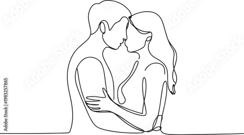 A continuous line drawing capturing the tender embrace of a couple in a passionate moment