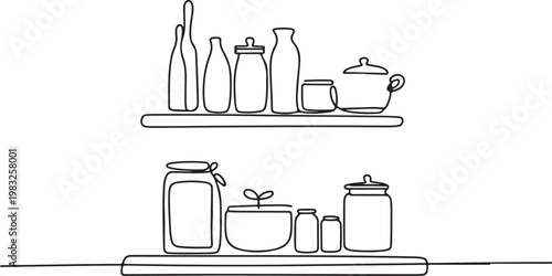Minimalist line art illustration of kitchenware and jars neatly arranged on two shelves