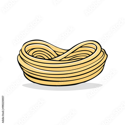 Hand drawn illustration of a nest of golden fettuccine pasta on white