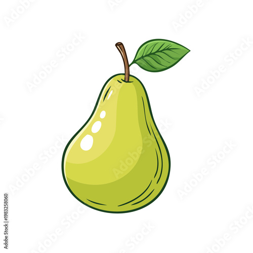Cartoon green pear with leaf and stem simple illustration healthy fruit