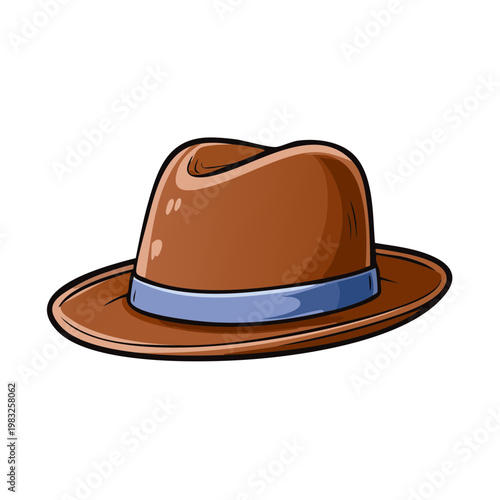 Classic brown fedora hat with blue band artistic illustration of vintage headwear