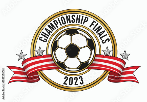 Soccer Championship Finals 2023 emblem featuring a gold-bordered circle, a soccer ball, red and white striped ribbon, and stars.
