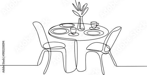 Elegant Dining Setting A Minimalist One-Line Drawing of a Table with Chairs, Plates, and a Vase