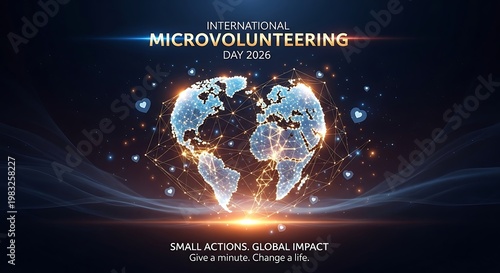 International Micro volunteering Day 2026 Poster Featuring a Heart Shaped Digital World Map with Glowing Connections for Global Community Service and Social Impact Awareness