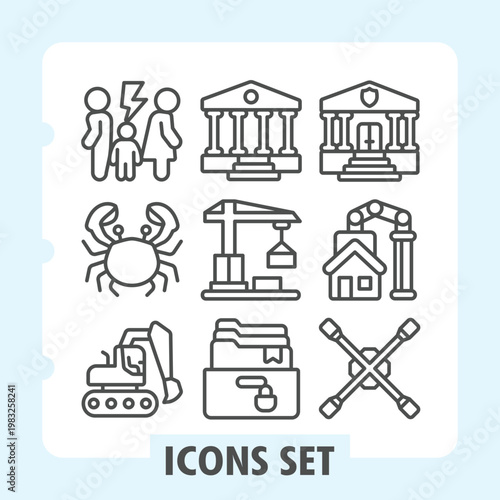 Diverse family, community buildings, transportation and household items in outline style for apps and print on white background. Vector graphics. Set of nine line icons.