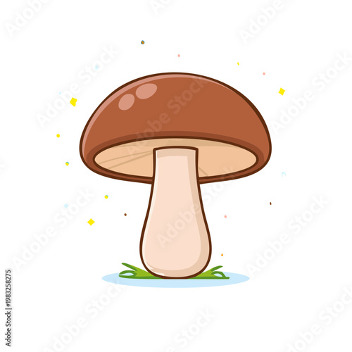 Cute cartoon mushroom with brown cap and white stem on green grass with sparkles