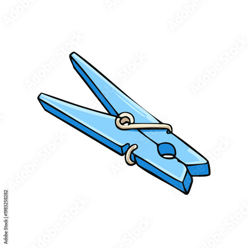 Simple cartoon illustration of a bright blue wooden clothespin with a coiled wire spring mechanism