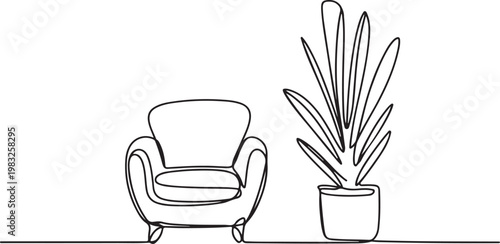 Continuous one-line drawing of an elegant, comfortable armchair beside a lush potted plant, embodying minimalist interior design and a cozy, modern living space aesthetic