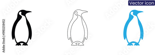 A set of vector penguin icons in black, outline, and blue, perfect for use in digital projects, presentations, or marketing materials