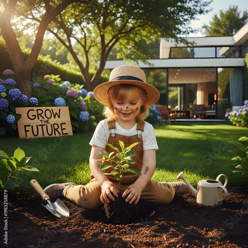 Child planting small tree in backyard soil