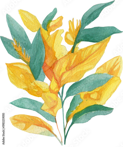 Watercolor Yellow and Teal Tropical Leaf Branch with Orange Flower Blooms — Botanical Illustration