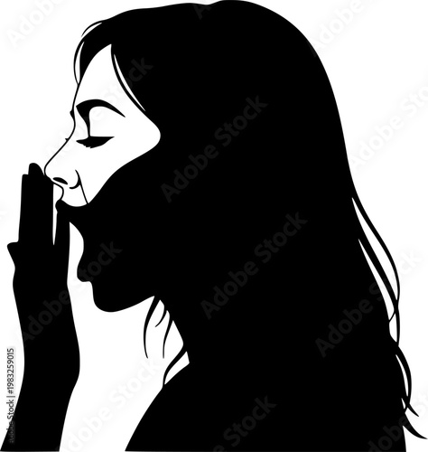 Woman yawning with hand covering mouth in a minimalist flat black silhouette isolated on white background
