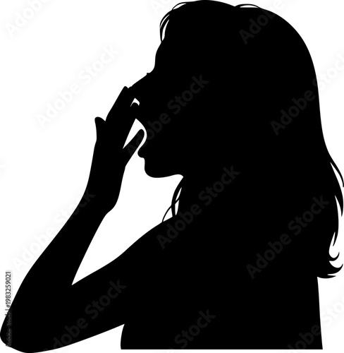 Woman yawning with hand covering mouth in a minimalist flat black silhouette isolated on white background
