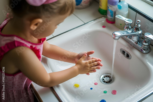 Child washing hands with soap at home sink