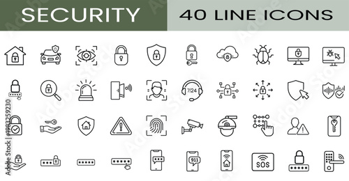 Cyber security and network data protection line icons set featuring biometric scan CCTV camera and smart home lock vector illustration with editable stroke.