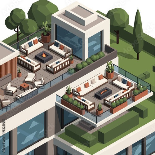 Modern luxury rooftop patio with seating areas and green spaces.