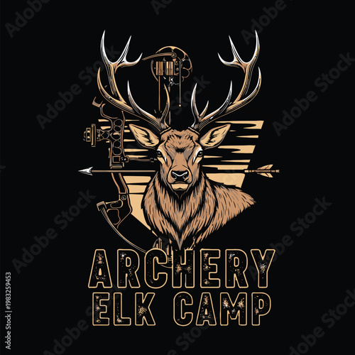 Archery elk camp logo with deer and bow on black background tshirt design