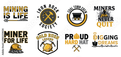 Mining logos and labels with pickaxes and hard hats on a white background tshirt design