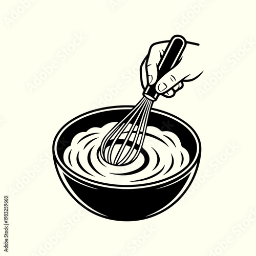 Whisk mixing in bowl cooking action black and white icon 
