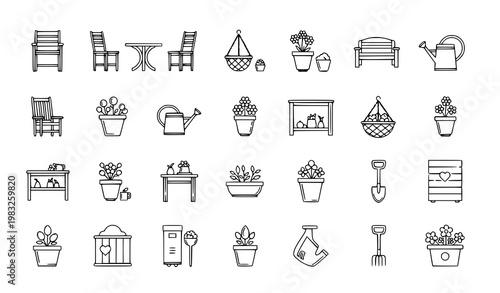 Minimalist patio garden element set black and white outline icons with furniture plants and tools vector