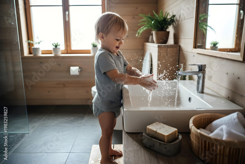 Child washing hands with soap at home sink