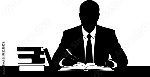 Businessman writing in a book at a desk with stacked books beside him in a minimalist flat black silhouette style isolated on white background
