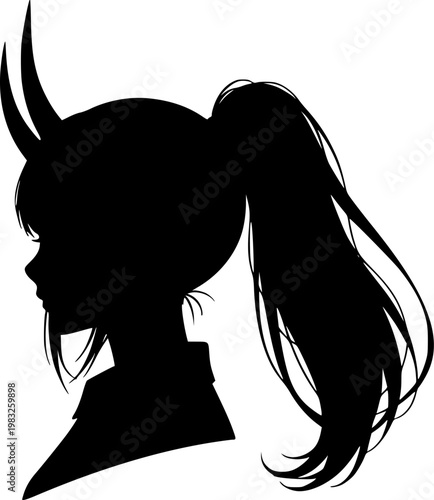Black silhouette of anime girl with horns and ponytails isolated on white background
