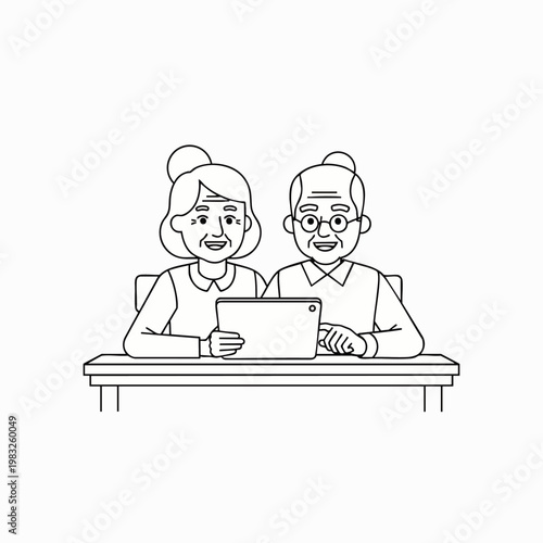 Elderly couple happily using a tablet together, smiling and engaged with technology online