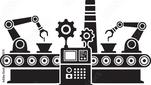 Industrial robotic arms working on a production line with conveyor belt and control panel