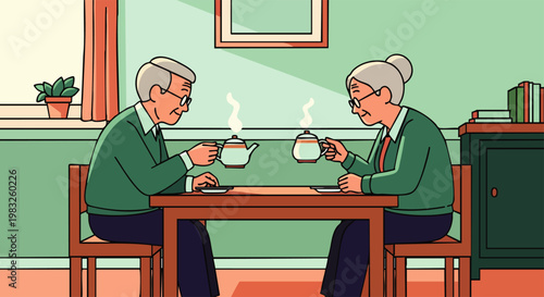 Elderly couple enjoying a peaceful moment sharing tea at a table in a cozy room, illustration