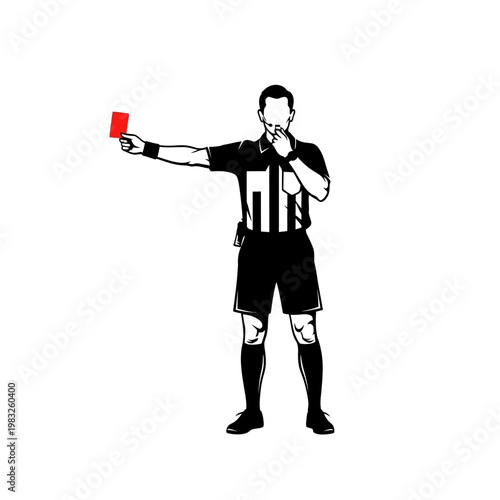 Soccer referee showing red card, disciplinary action, sports illustration, football official vector eps silhouette