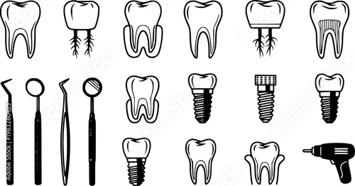 Black and white dental flat design with teeth, dental implants, and tools isolated on white background
