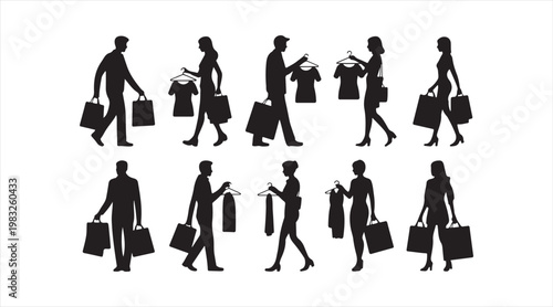 People shopping silhouettes carrying bags in various poses and retail scenarios