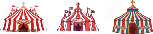 collection of a large circus tent with a cross on top and an entrance. A classic big top tent for events and performances, vector illustration isolated on white
