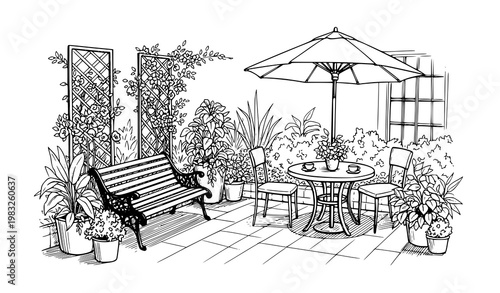 Hand drawn patio garden scene with bench table umbrella and plants black white sketch vector illustration