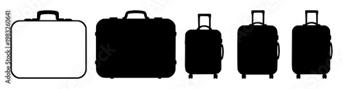 Digital nomad suitcase set with solid black icon on white background featuring suitcase, travel, digital nomad with single color and minimalist design