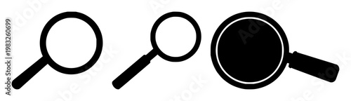 Magnifying glass icon set with minimalist solid black shape on white background featuring search, icon, tool with graphic and illustration
