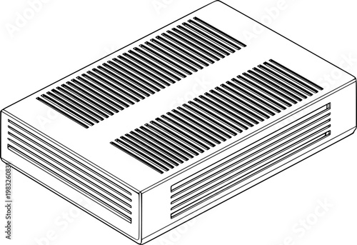 Detailed isometric 3D rendering of a rectangular electronic device with ventilation isolated on white background
