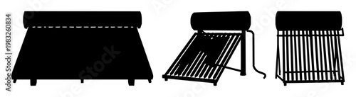 Solar Panel set with solid black icon design featuring renewable energy, water heater, sun power with solar energy and eco-friendly technology