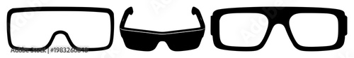Augmented reality glasses set with solid black icon on white background featuring AR, eyewear, technology with iconography and apparel