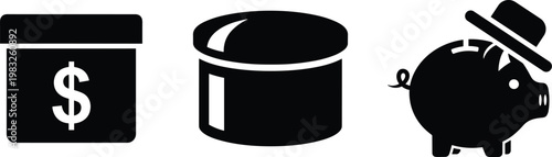 Black savings icon set with piggy bank, money container, financial jar, dollar sign, secure deposit, economy and finance concept design